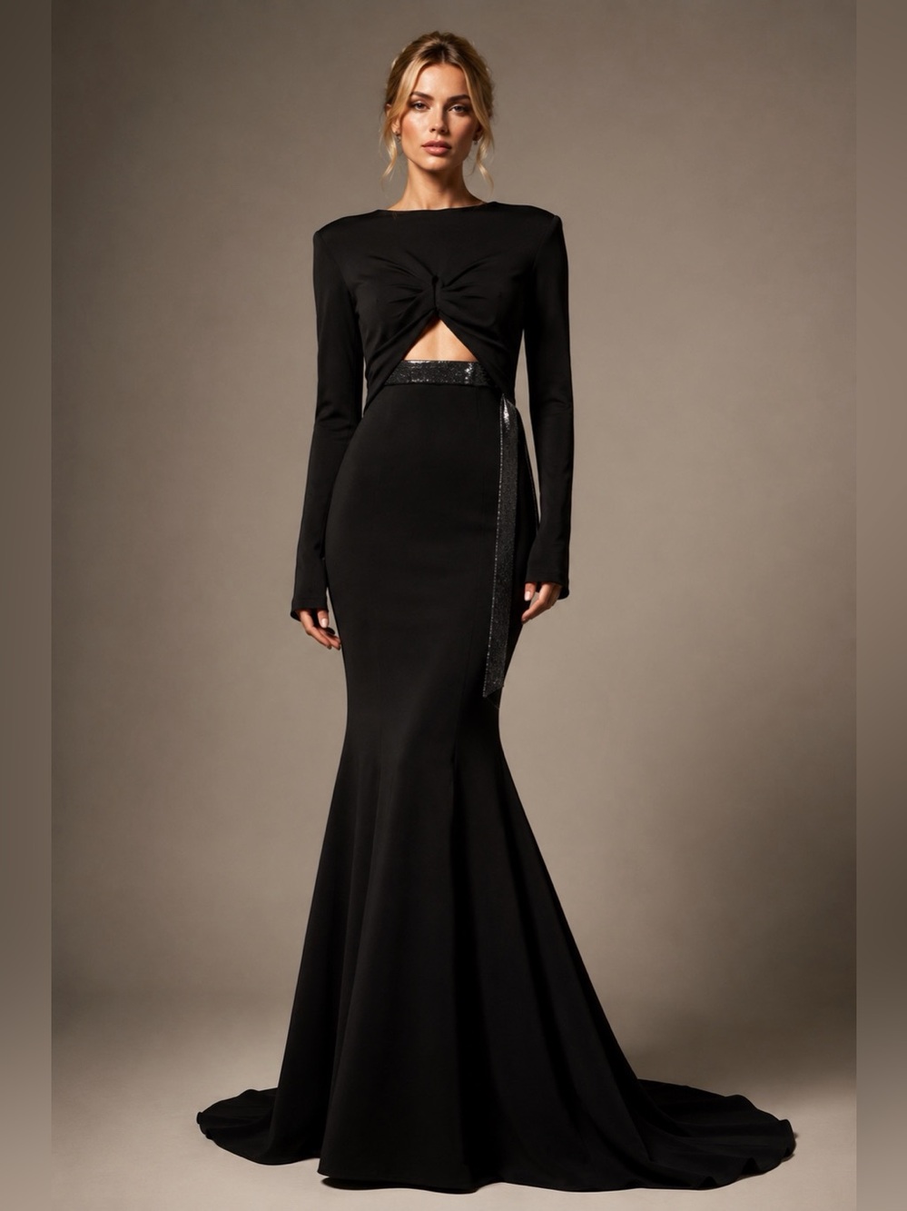 Elegant Black Long-Sleeve Twist Cutout Evening Gown